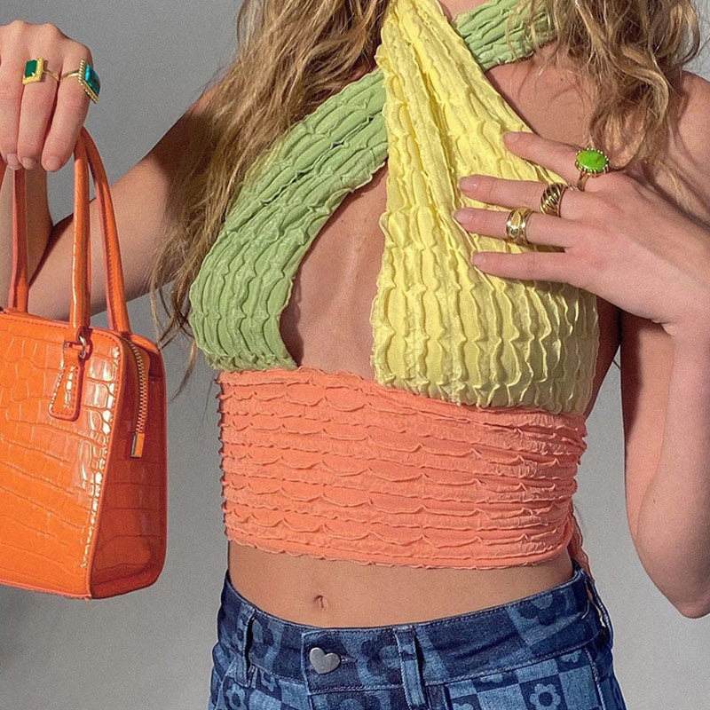 Candy Panel Crossed Halter Neck Knitted Crop Tank Top - Multicolor - Image 2