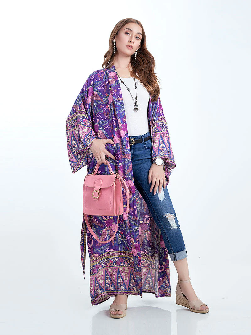 Beachwear & Partywear Floral Print Purple Color Cotton Long Length Gown Kimono Duster Robe - Image 4