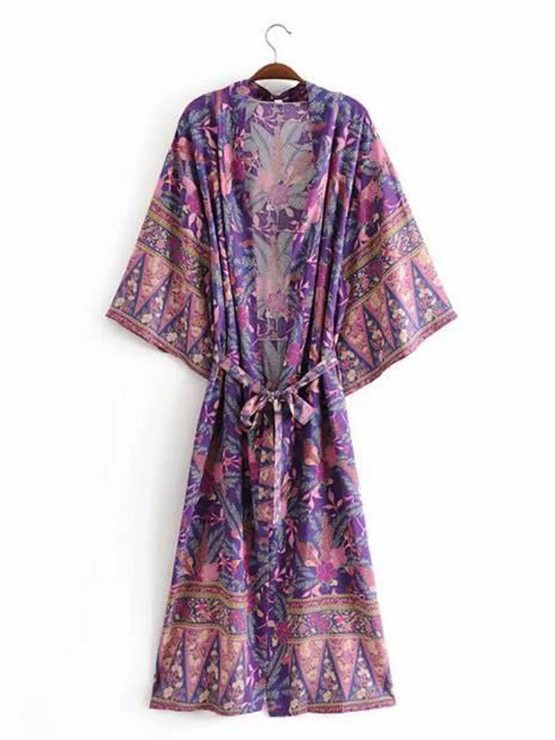 Beachwear & Partywear Floral Print Purple Color Cotton Long Length Gown Kimono Duster Robe - Image 6