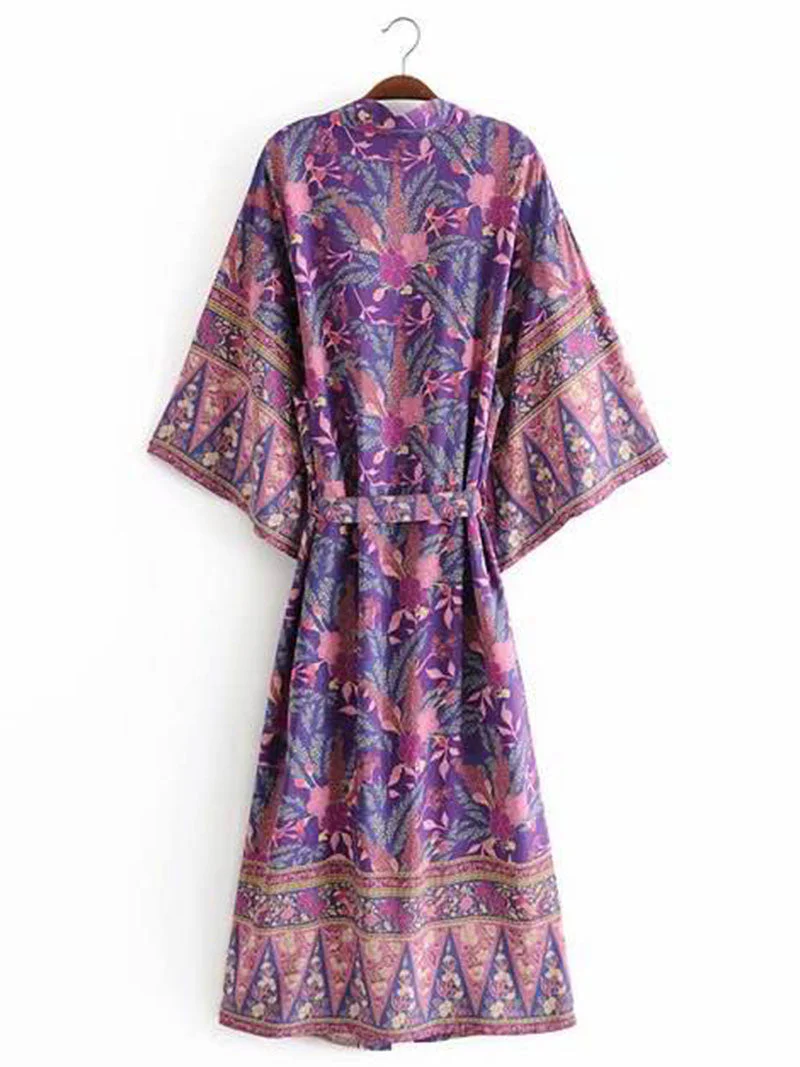 Beachwear & Partywear Floral Print Purple Color Cotton Long Length Gown Kimono Duster Robe - Image 7