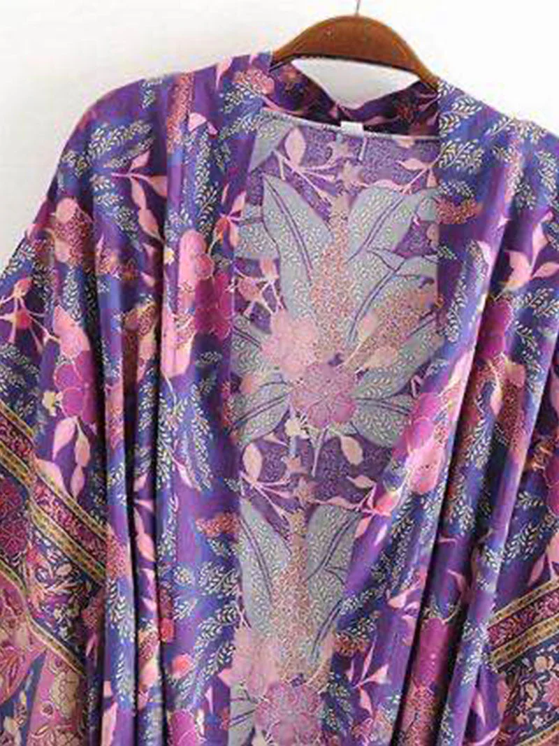 Beachwear & Partywear Floral Print Purple Color Cotton Long Length Gown Kimono Duster Robe - Image 8