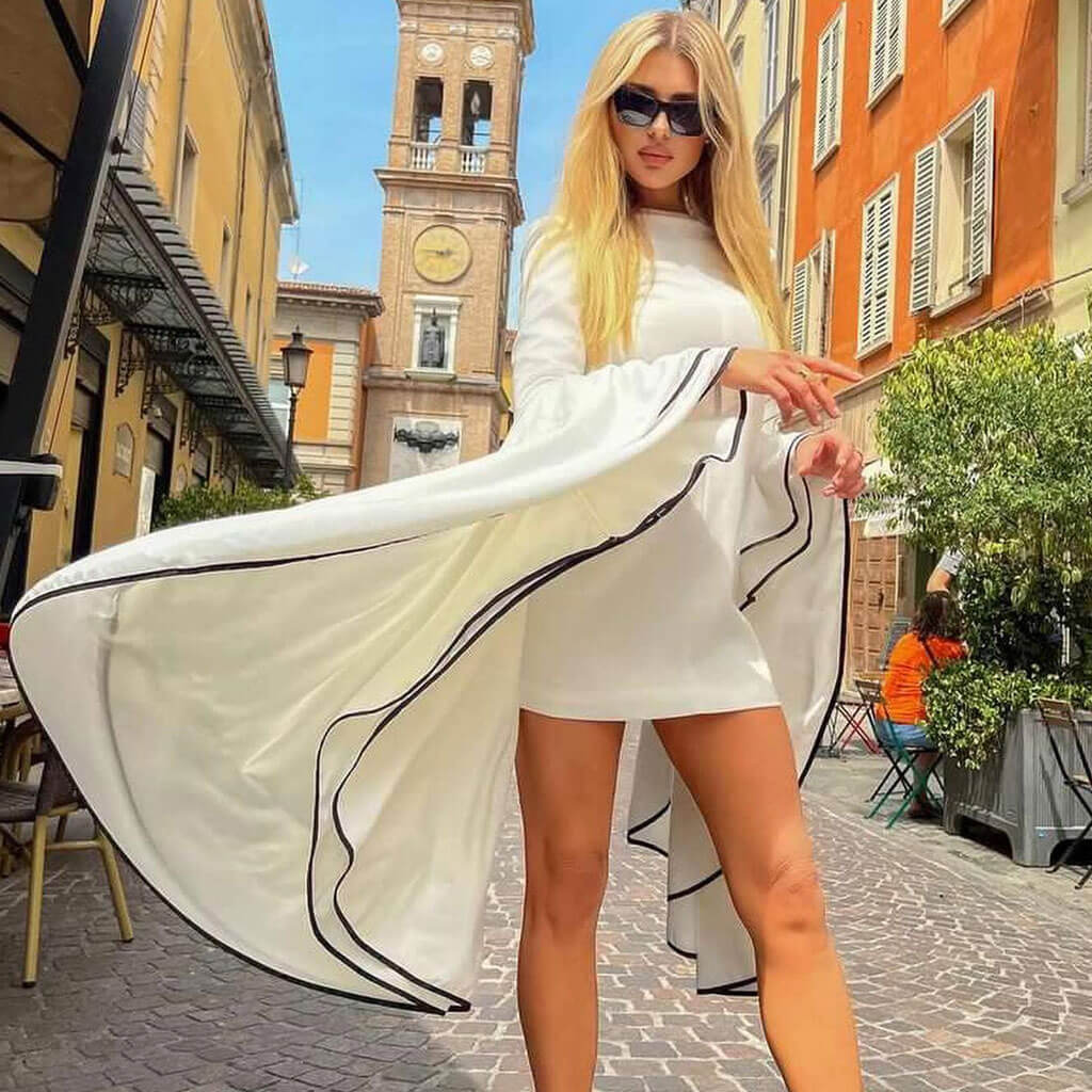 Cascading Ruffle Bicolor Long Sleeve Mock Neck Shoulder Pad Bodycon Mini Dress - Image 4