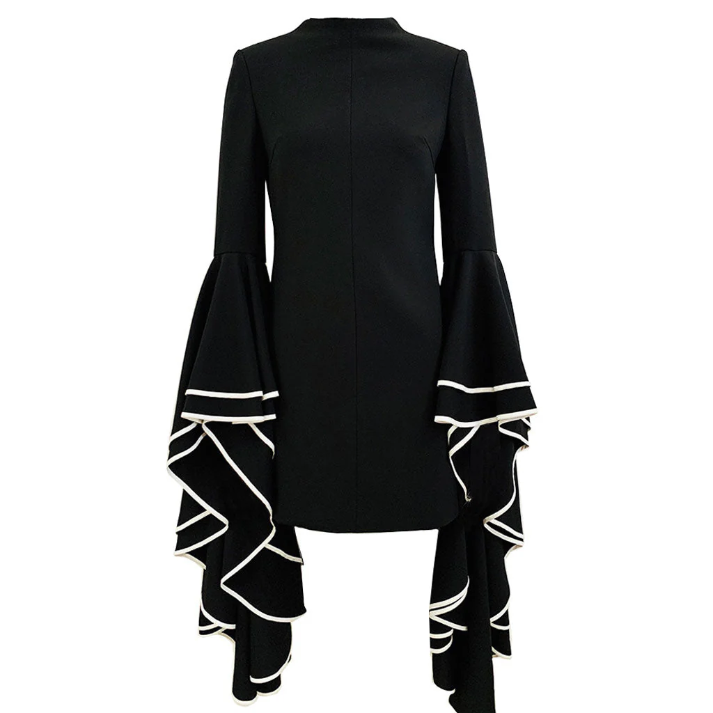 Cascading Ruffle Bicolor Long Sleeve Mock Neck Shoulder Pad Bodycon Mini Dress - Image 6