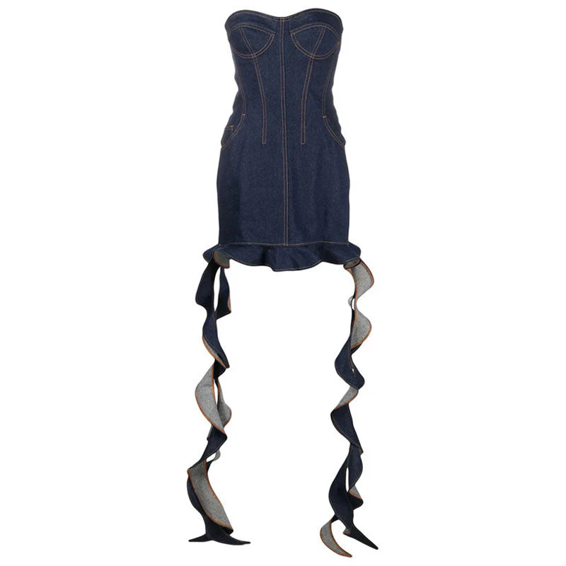 Cascading Ruffle Hem Stitched Sweetheart Bandeau Bodycon Mini Denim Dress - Image 3