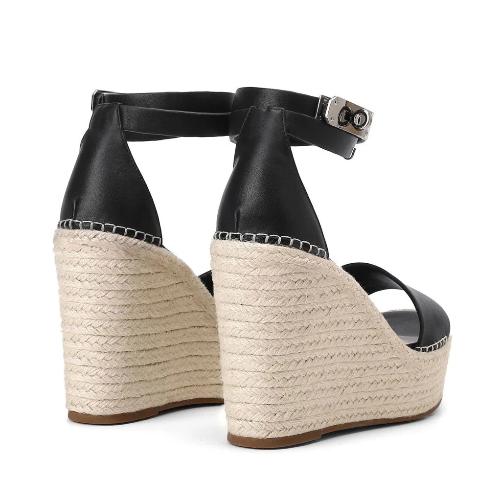 Casual Ankle Strap Platform Open Round Toe Wedge Espadrilles - Black - Image 2