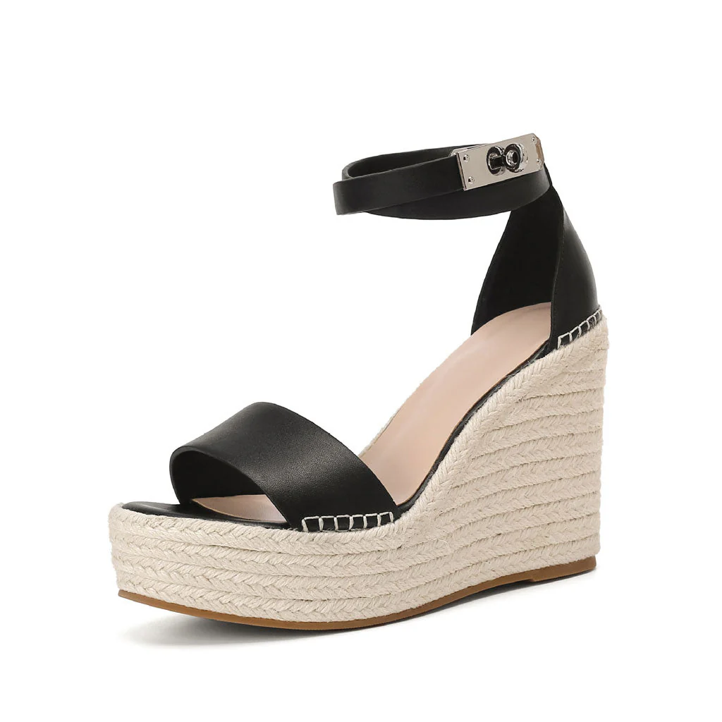 Casual Ankle Strap Platform Open Round Toe Wedge Espadrilles - Black - Image 3