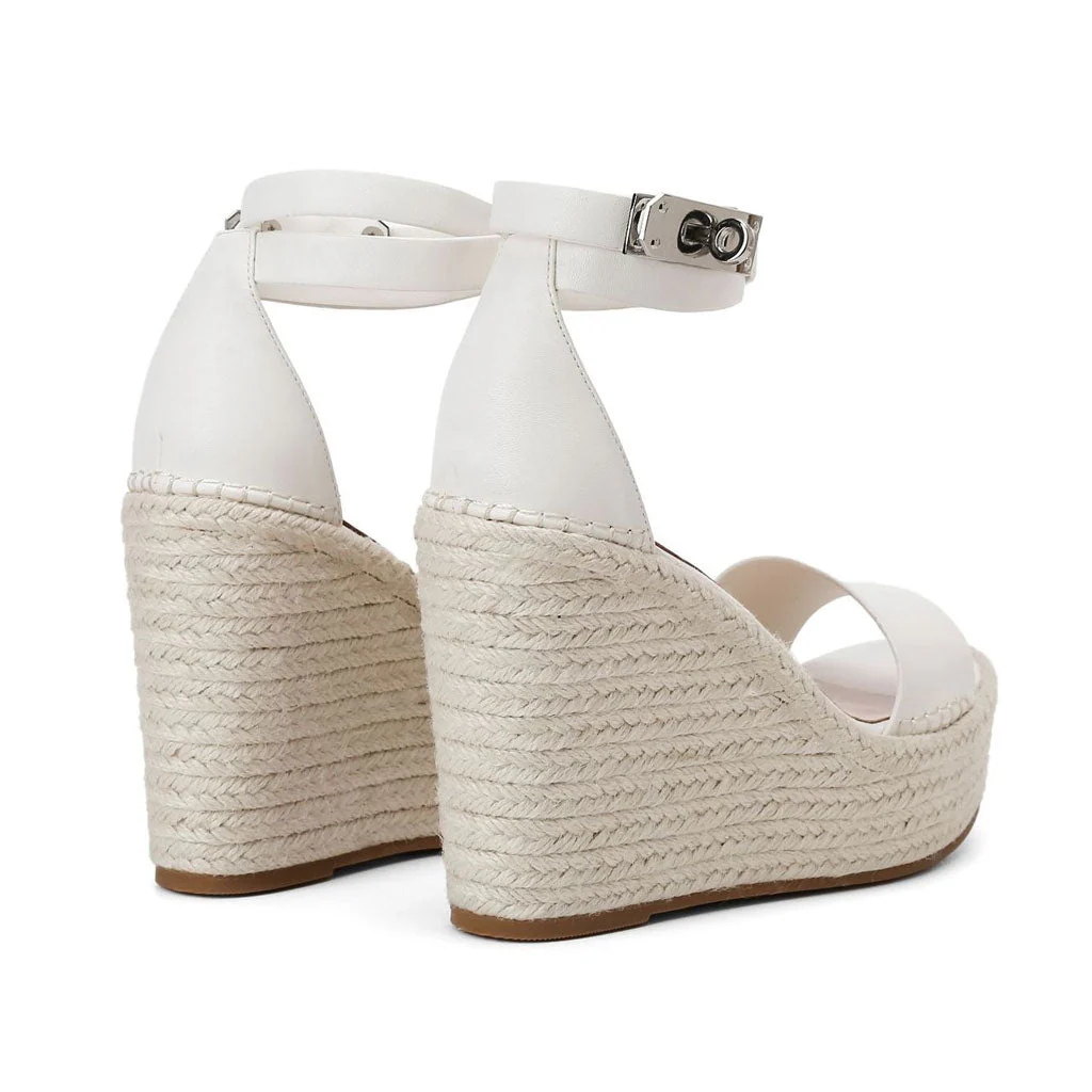Casual Ankle Strap Platform Open Round Toe Wedge Espadrilles - White - Image 3