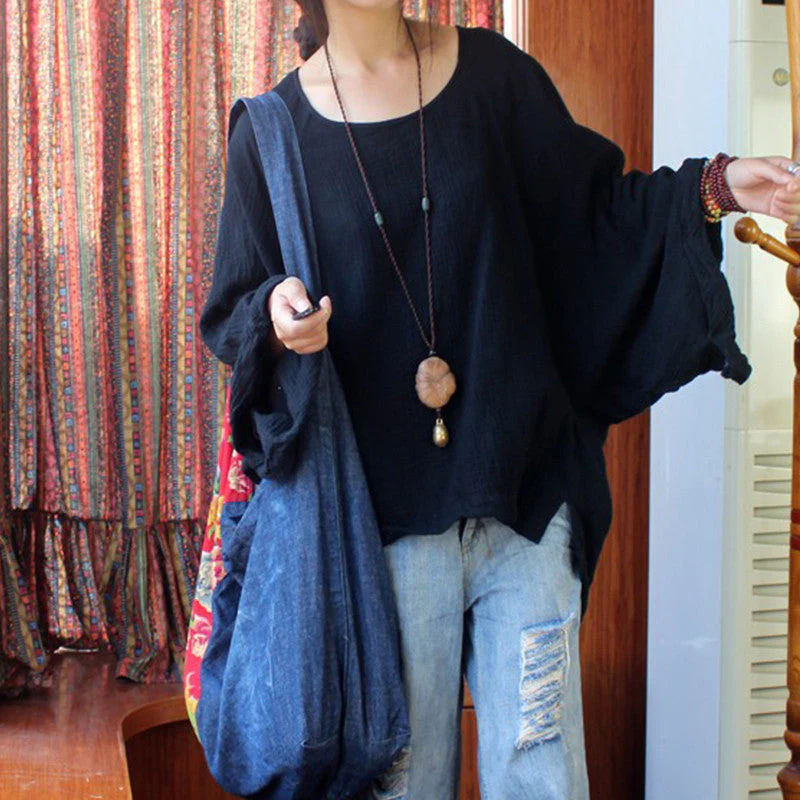 Casual Bat Sleeve Cotton Top - Image 2