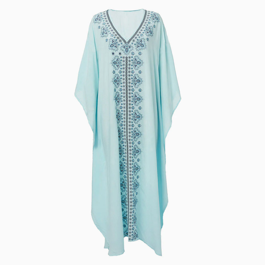 Casual Ethnic Print V Neck Batwing Sleeve Maxi Cover Up - Teal - Image 3