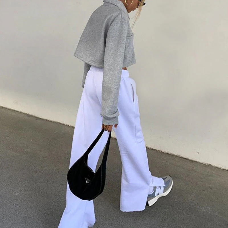 Casual High Waist Drawstring Side Slip Wide Leg Pants - White - Image 2