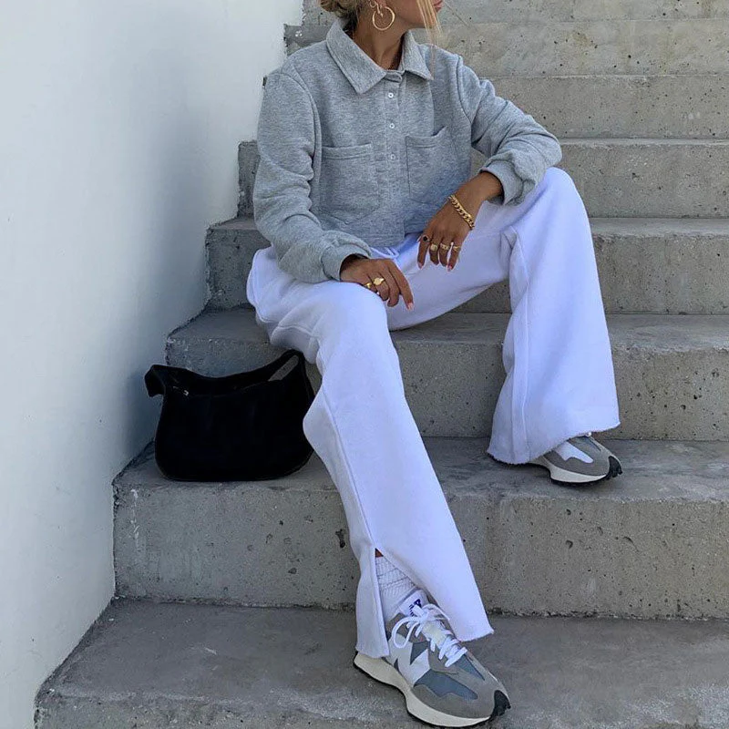 Casual High Waist Drawstring Side Slip Wide Leg Pants - White - Image 3