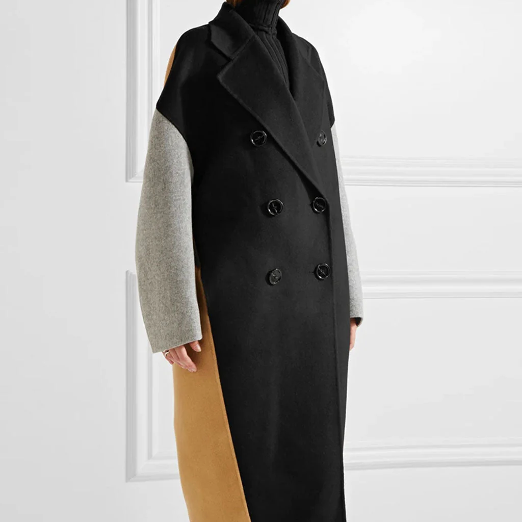 Casual Lapel Collar Color Block Long Sleeve Double Breasted Cocoon Midi Trench Coat - Image 2