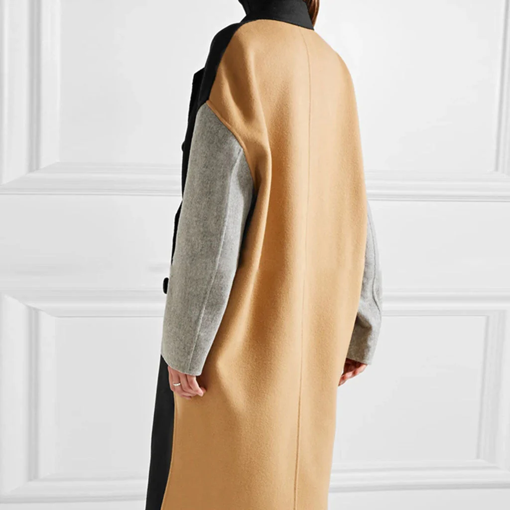 Casual Lapel Collar Color Block Long Sleeve Double Breasted Cocoon Midi Trench Coat - Image 3