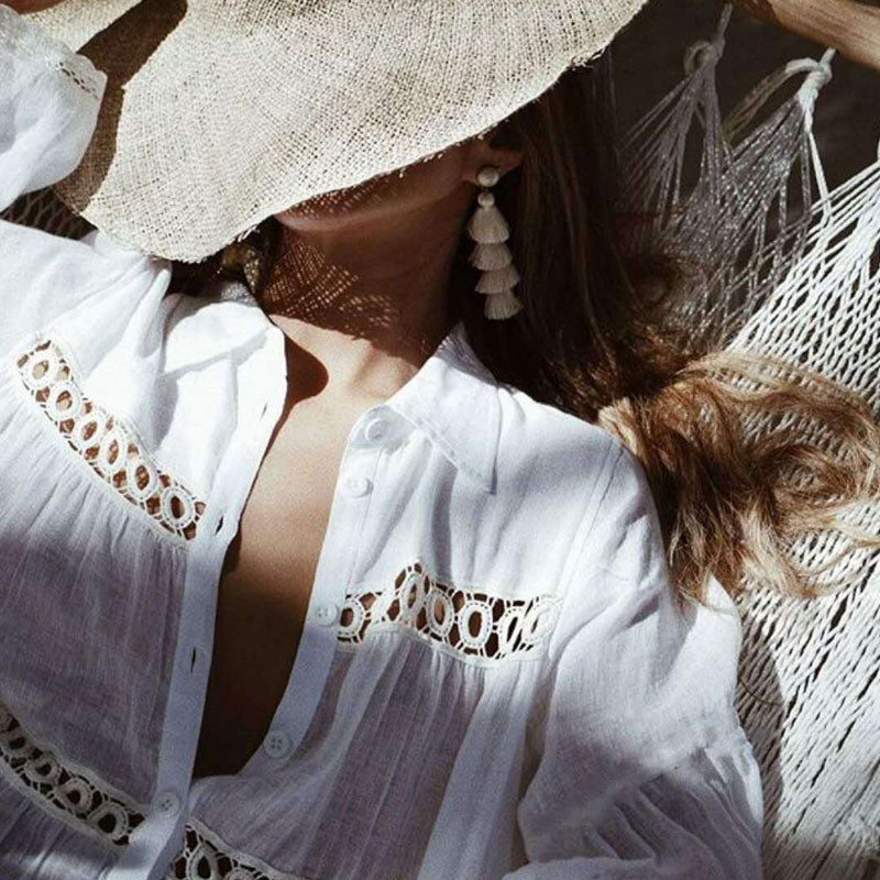 Casual Collared Long Sleeve Crochet Button Up Beach Cover Up - White - Image 2