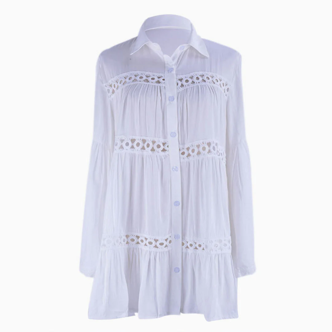 Casual Collared Long Sleeve Crochet Button Up Beach Cover Up - White - Image 3