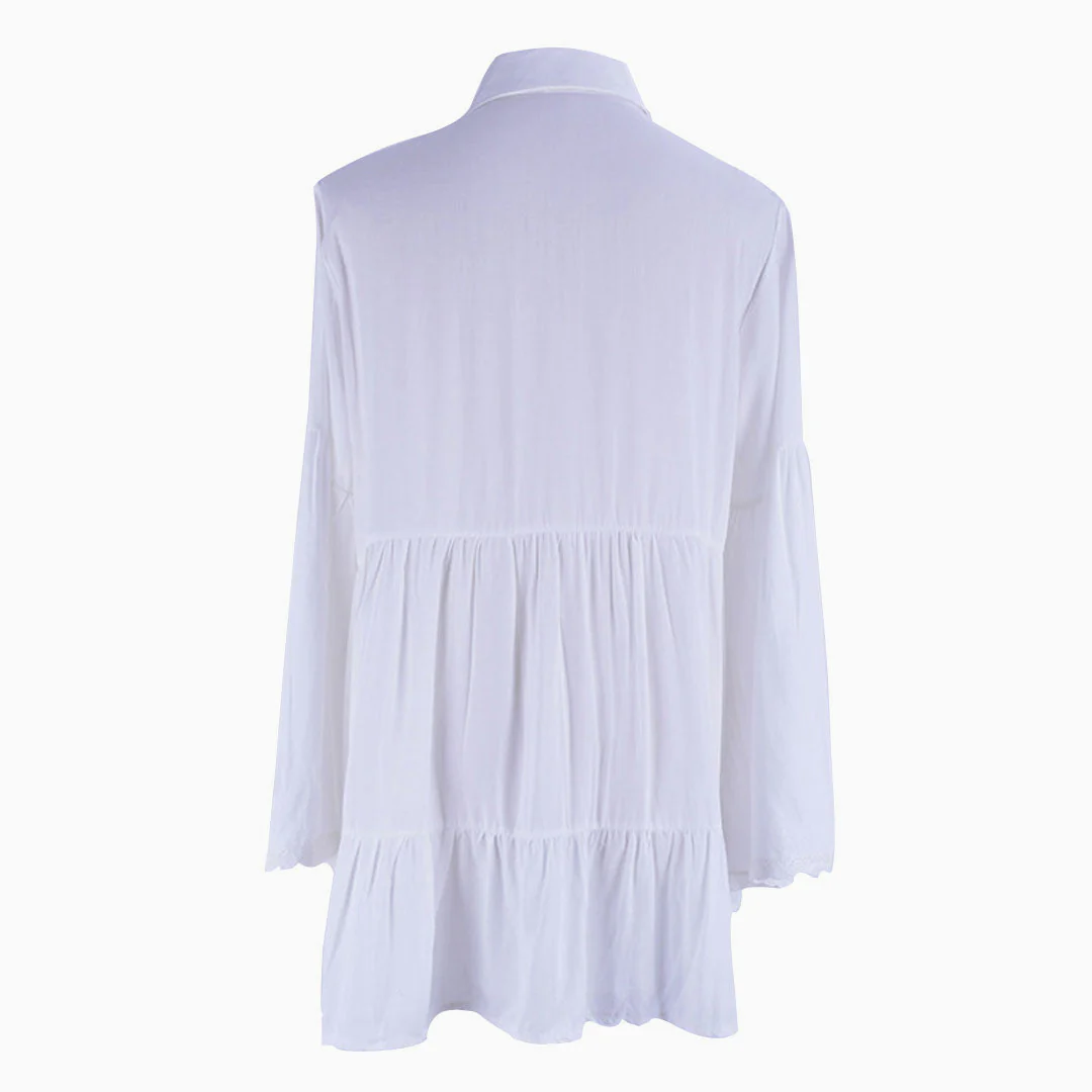 Casual Collared Long Sleeve Crochet Button Up Beach Cover Up - White - Image 4