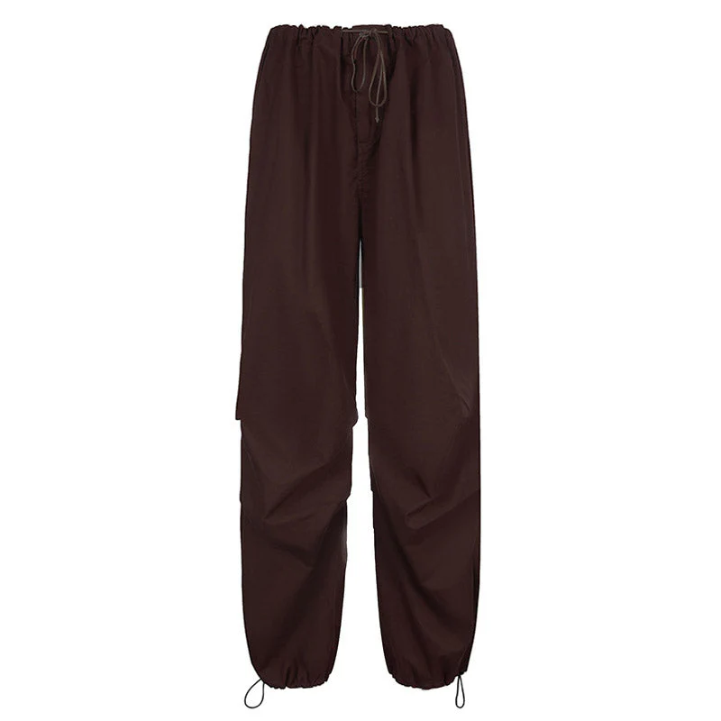 Casual Low Waist Drawstring Ruched Trim Baggy Cargo Pants - Brown - Image 3