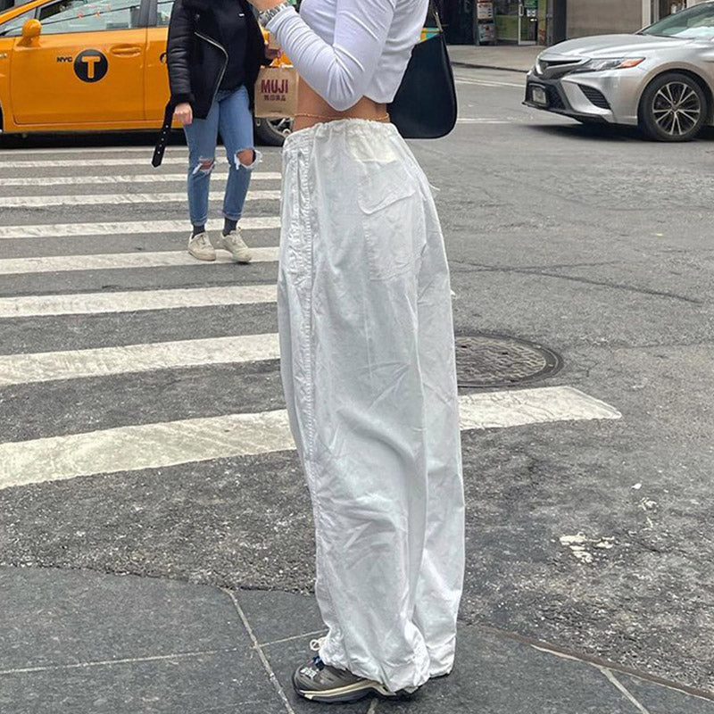 Casual Low Waist Drawstring Ruched Trim Baggy Cargo Pants - White - Image 3