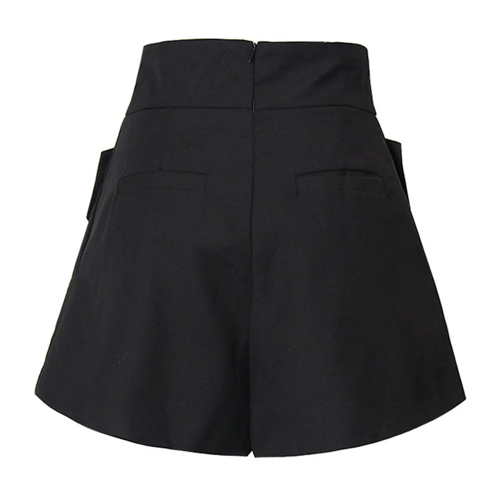 Casual Metallic Button Cross Strap High Waist Frill Trim A-Line Shorts - Image 3