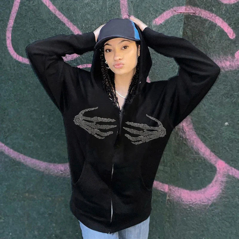 Casual Rhinestone Skeleton Zip Front Long Sleeve Hoodie - Black - Image 2