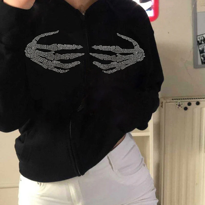 Casual Rhinestone Skeleton Zip Front Long Sleeve Hoodie - Black - Image 3