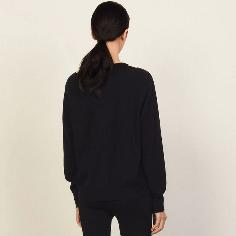 Casual Striped Deep V Neck Long Sleeve Pullover Sweater - Black - Image 2