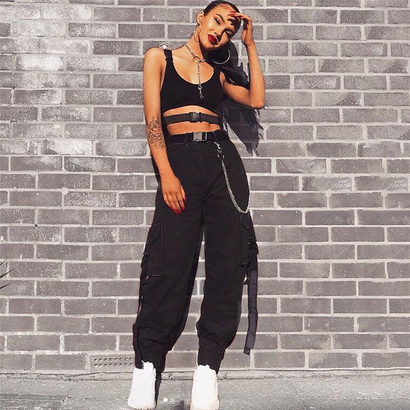 Casual Style Buckled Cargo Pocket High Waist Harem Pants - Black - Image 2