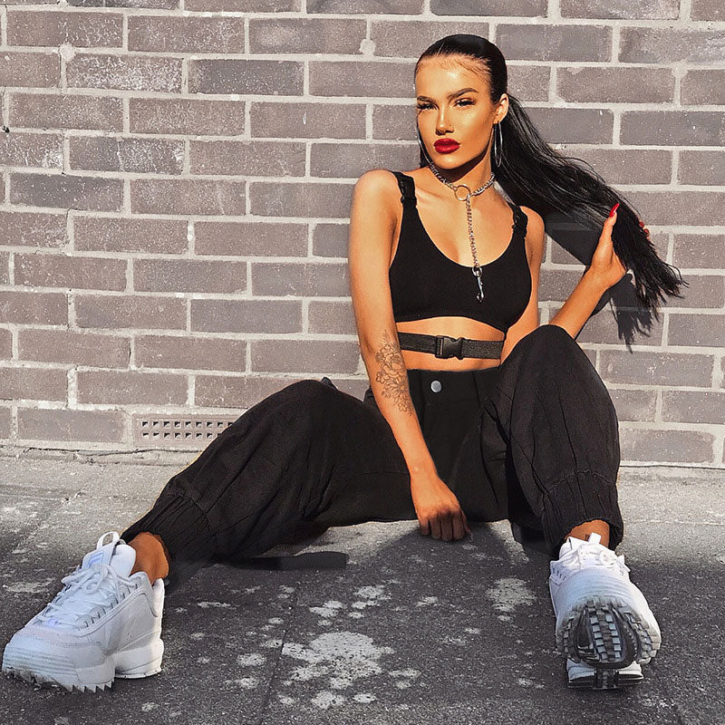 Casual Style Buckled Cargo Pocket High Waist Harem Pants - Black - Image 3