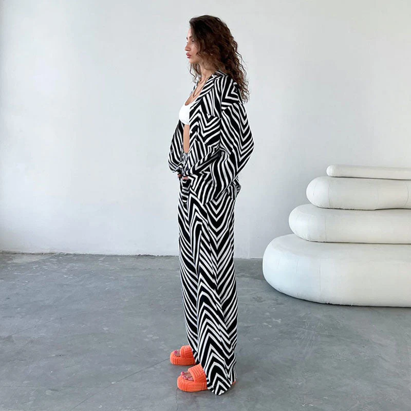 Casual Zigzag Pattern Collared Button Up Wide Leg Pants Matching Set - Black - Image 3