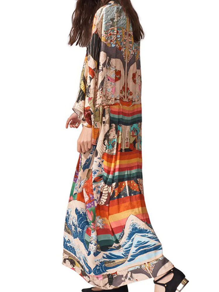 Printed Multicolor Chiffon Polyester Long Length Gown Kimono Duster Robe - Image 2