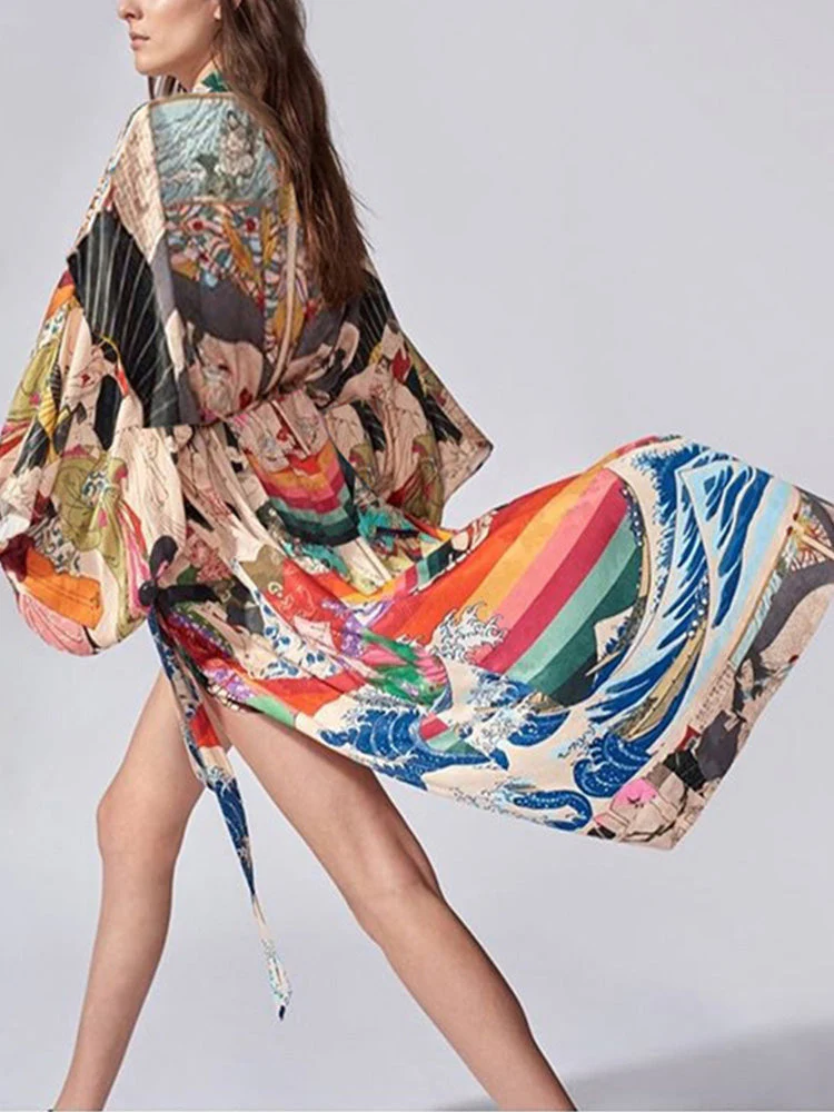 Printed Multicolor Chiffon Polyester Long Length Gown Kimono Duster Robe - Image 3