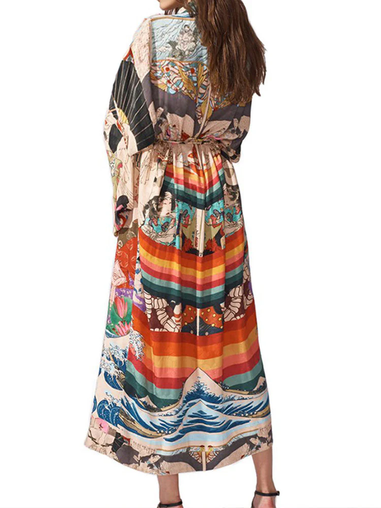 Printed Multicolor Chiffon Polyester Long Length Gown Kimono Duster Robe - Image 4
