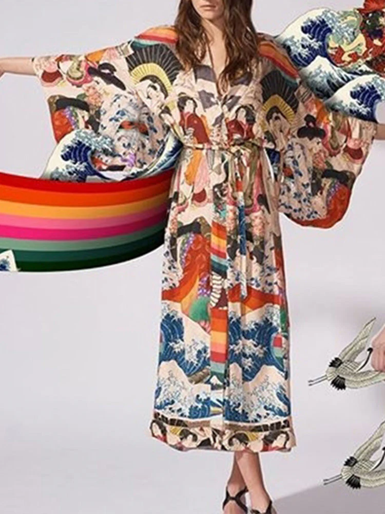 Printed Multicolor Chiffon Polyester Long Length Gown Kimono Duster Robe - Image 5