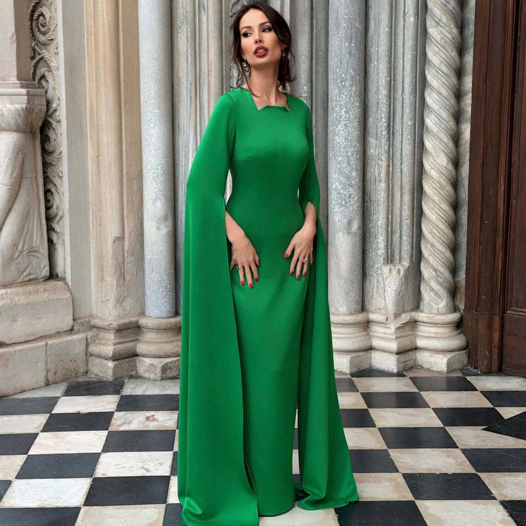 Celebrity Uneven Neck Full Cape Sleeve A Line Back Split Floor Length Evening Dress - Image 2