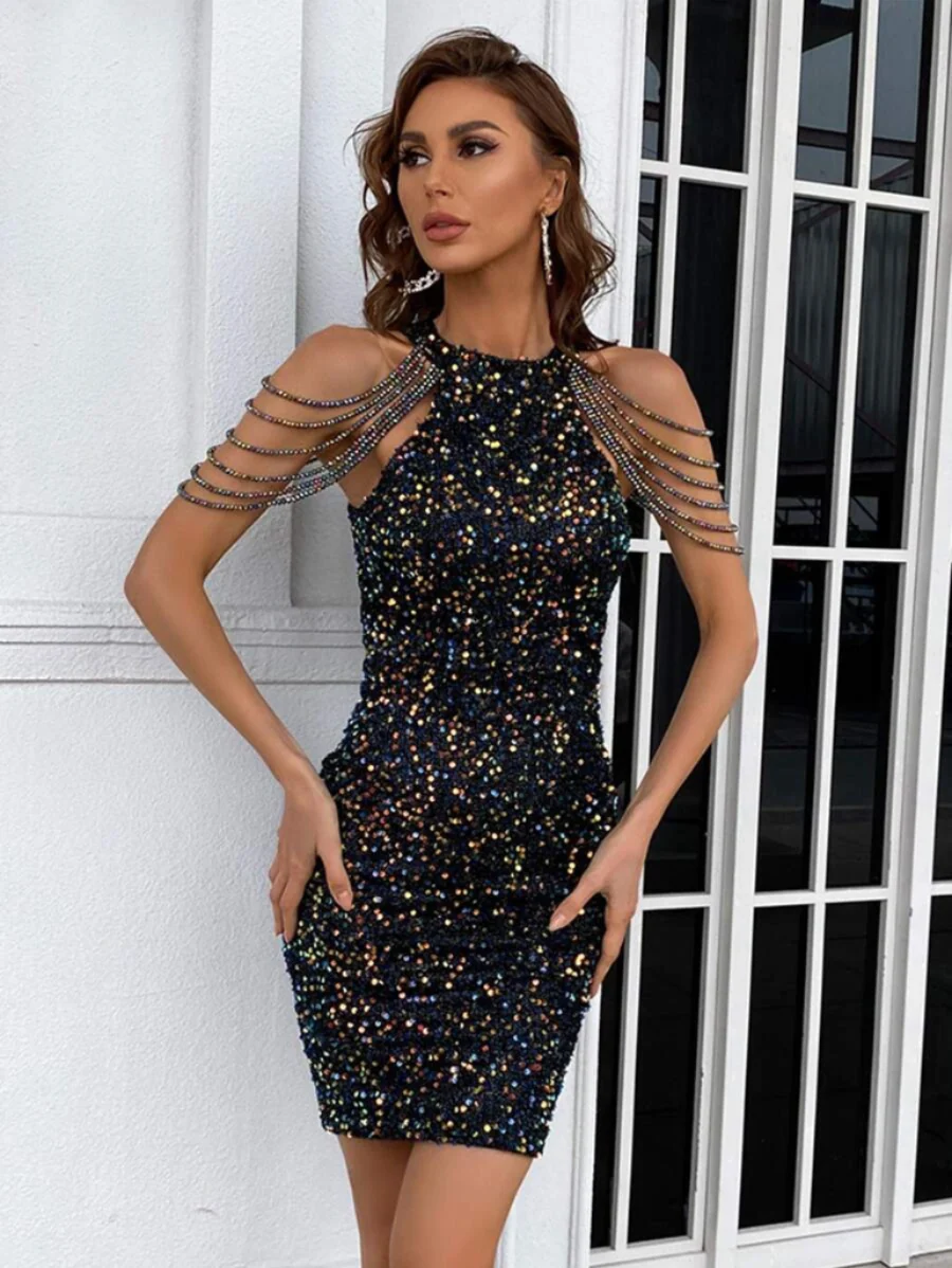 Chain Detail Sequin Bodycon Dress - Image 12