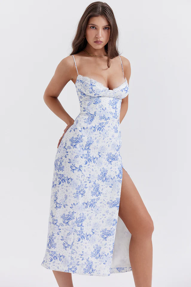 Charlotte Blue Print Corset Midi Dress - Image 2