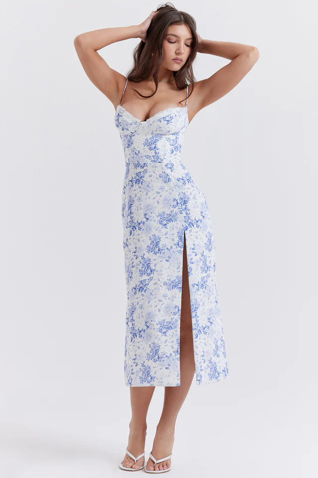 Charlotte Blue Print Corset Midi Dress - Image 6