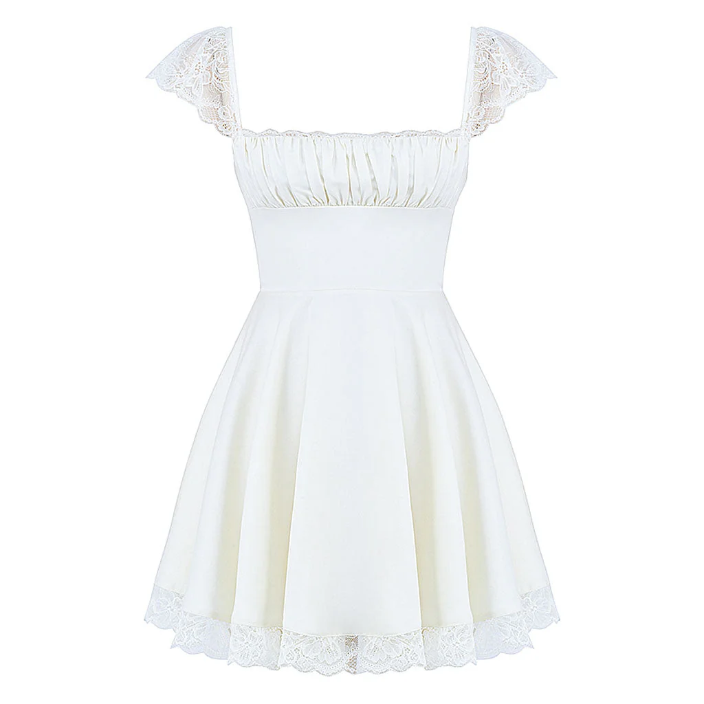 Charming Lace Trim Lace Up Ruched Square Neck Fit and Flare Mini SunDress - Image 3