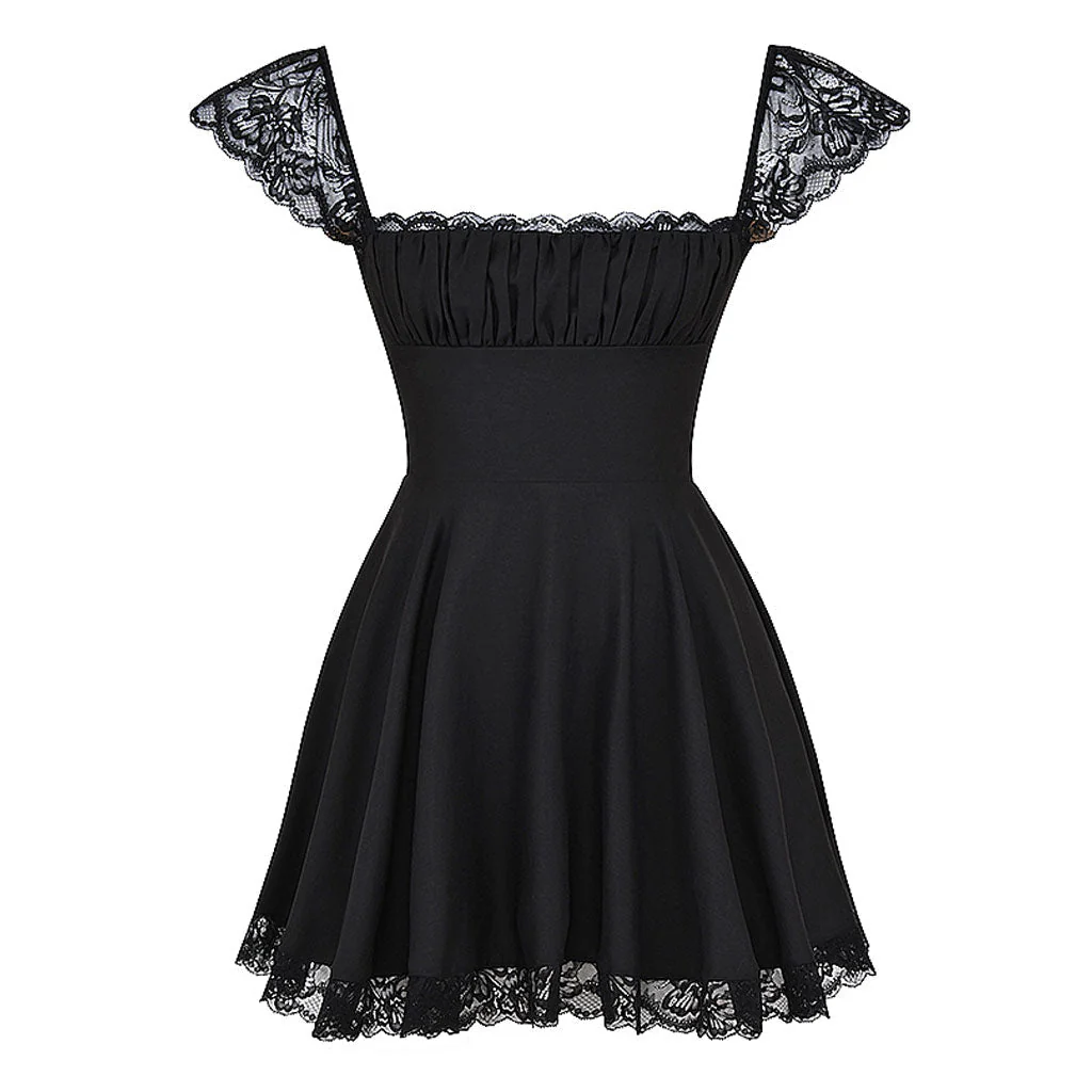 Charming Lace Trim Lace Up Ruched Square Neck Fit and Flare Mini SunDress - Image 4