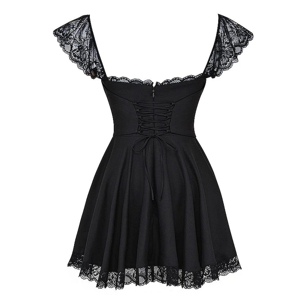 Charming Lace Trim Lace Up Ruched Square Neck Fit and Flare Mini SunDress - Image 6