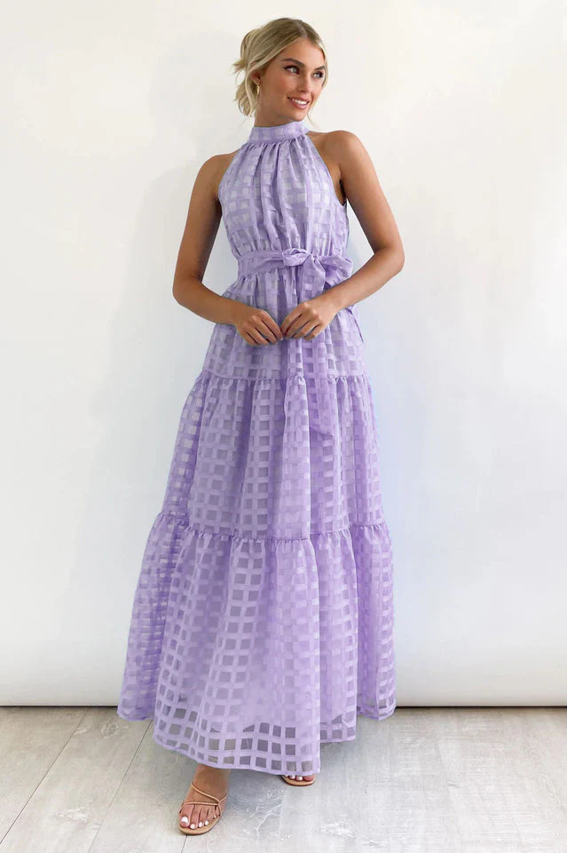 Check Halter Neck Tie Waist Maxi Dress - Image 10