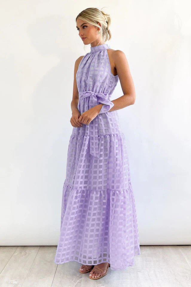 Check Halter Neck Tie Waist Maxi Dress - Image 11