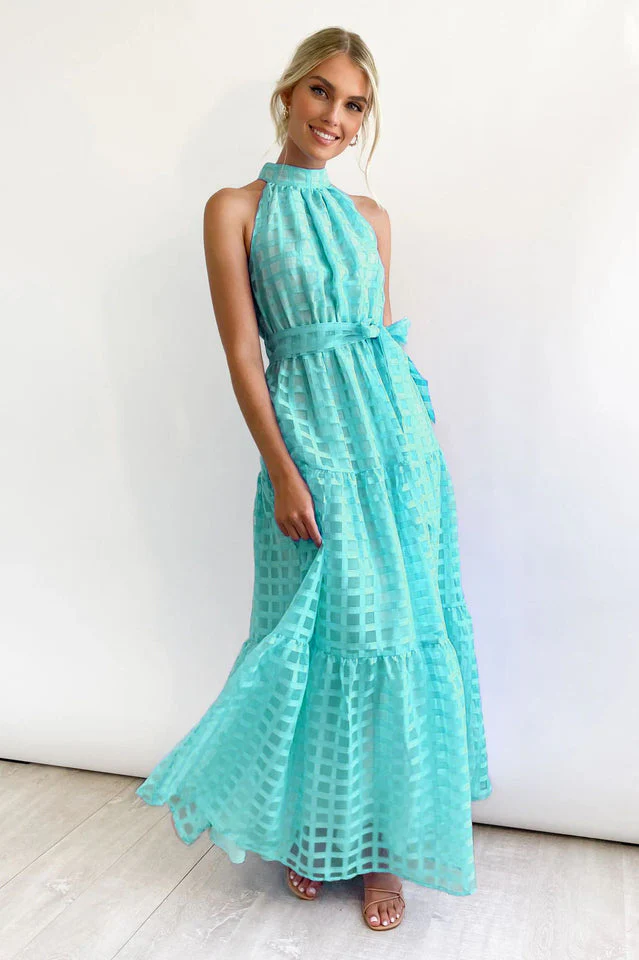 Check Halter Neck Tie Waist Maxi Dress - Image 13