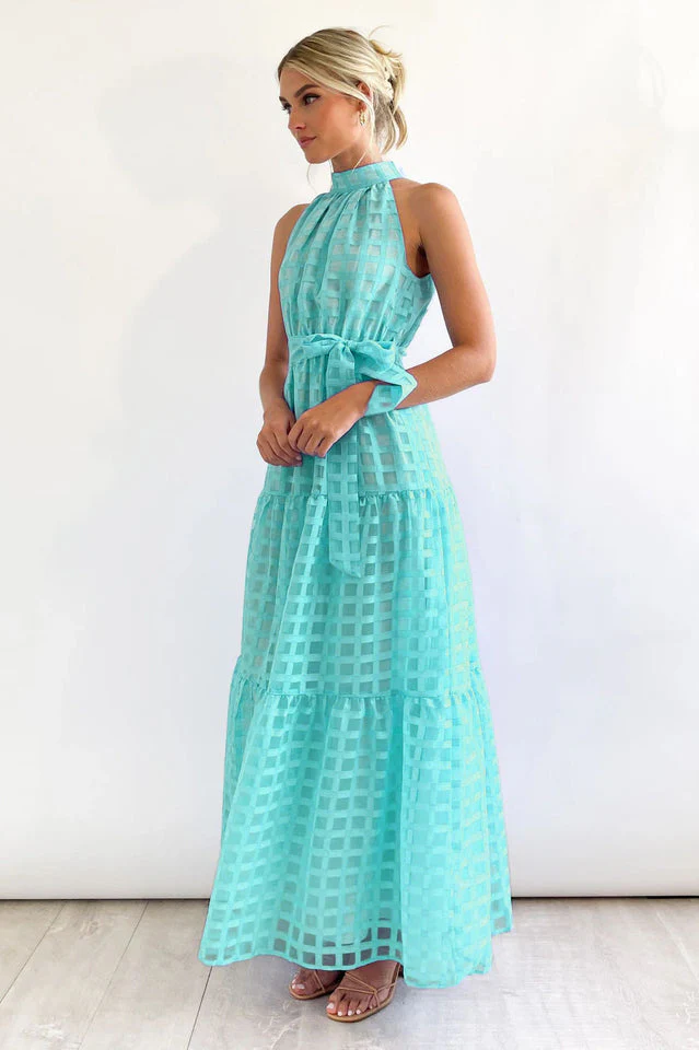 Check Halter Neck Tie Waist Maxi Dress - Image 14