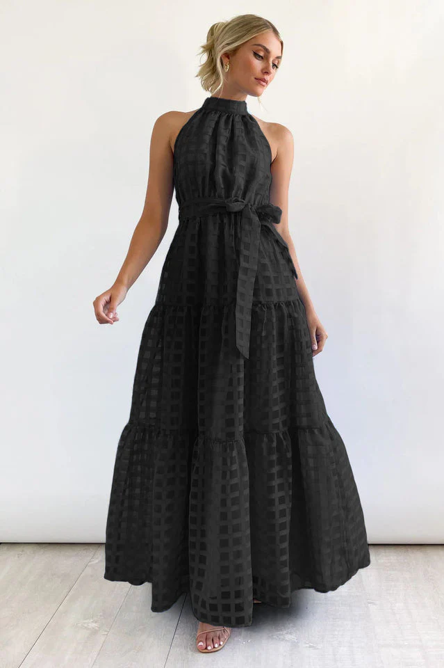 Check Halter Neck Tie Waist Maxi Dress - Image 16