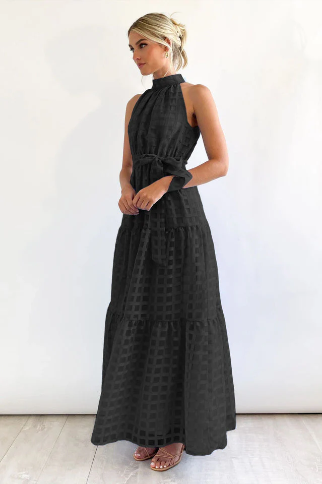 Check Halter Neck Tie Waist Maxi Dress - Image 17
