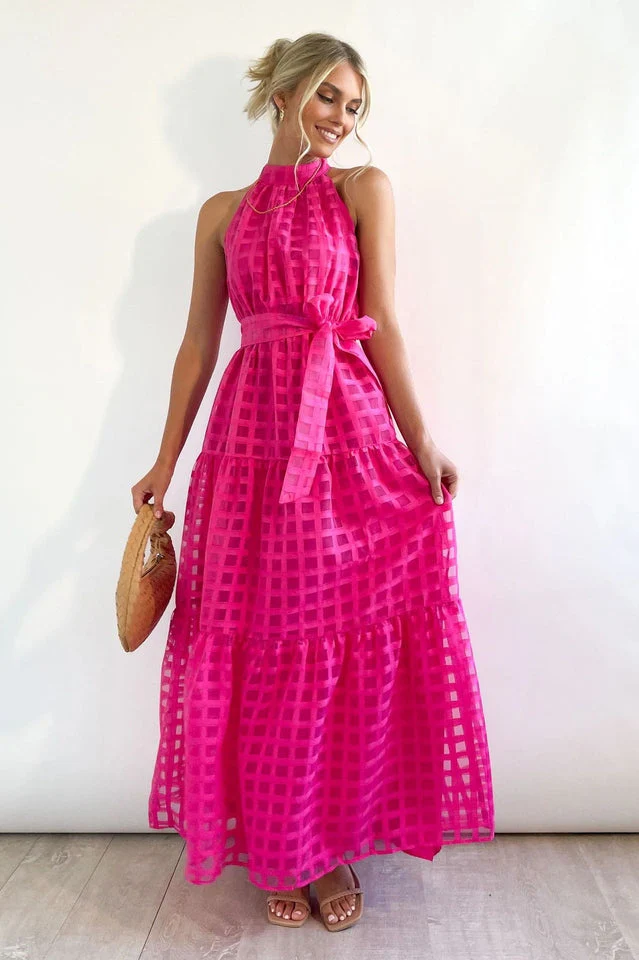 Check Halter Neck Tie Waist Maxi Dress - Image 19