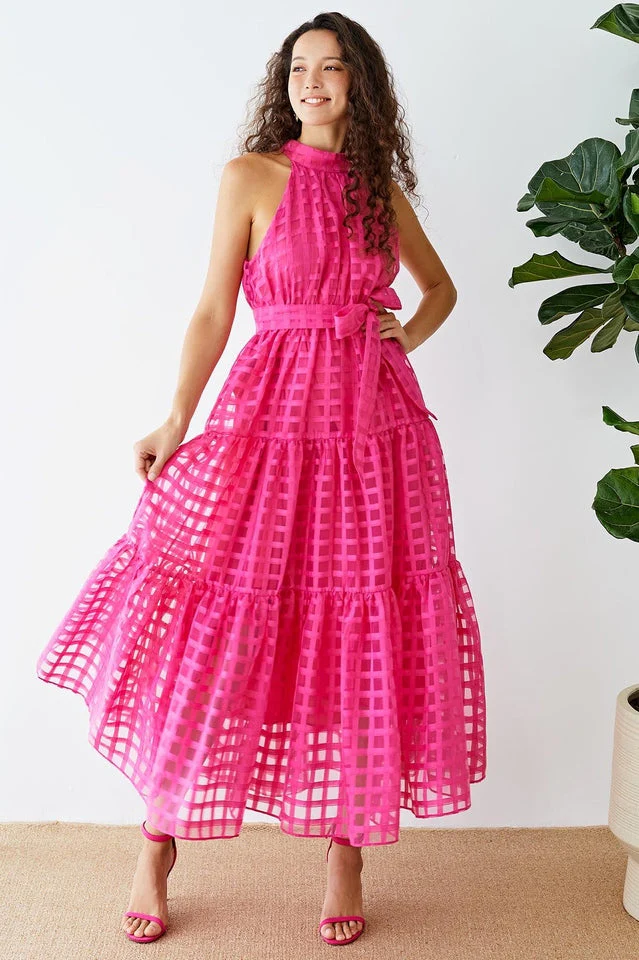 Check Halter Neck Tie Waist Maxi Dress - Image 2