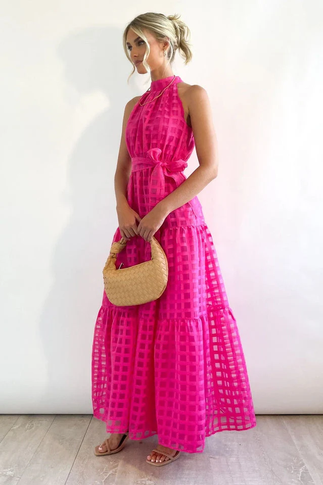 Check Halter Neck Tie Waist Maxi Dress - Image 21