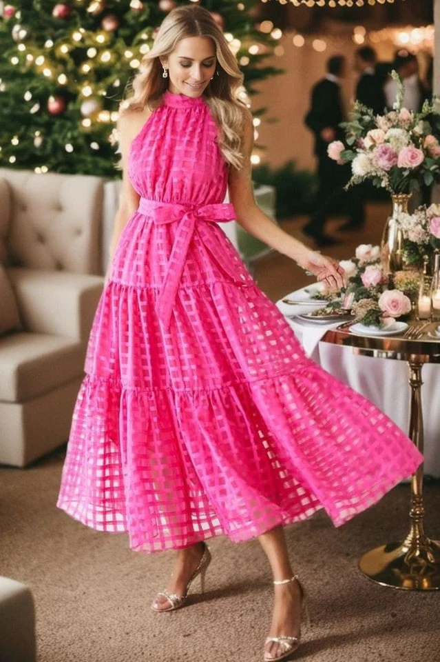 Check Halter Neck Tie Waist Maxi Dress - Image 3